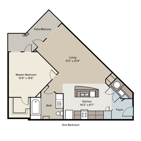 Floor plan for 1 bed, 1 bath, 760 sqft